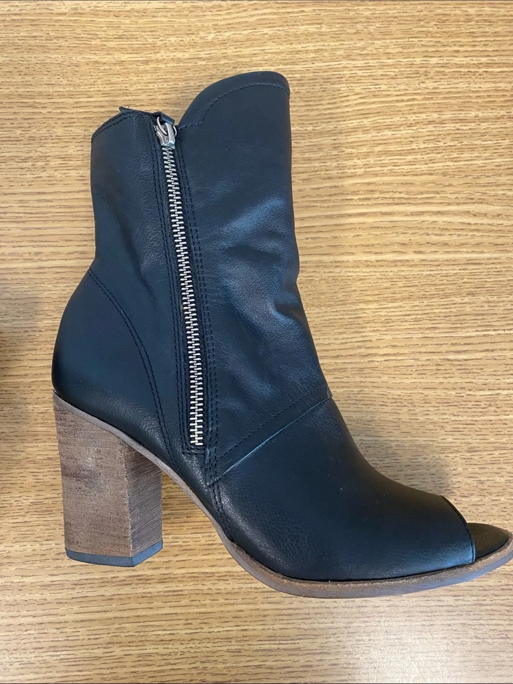 Matisse Black Leather Open-Toe Zip Ankle Booties with Wood Block Heel